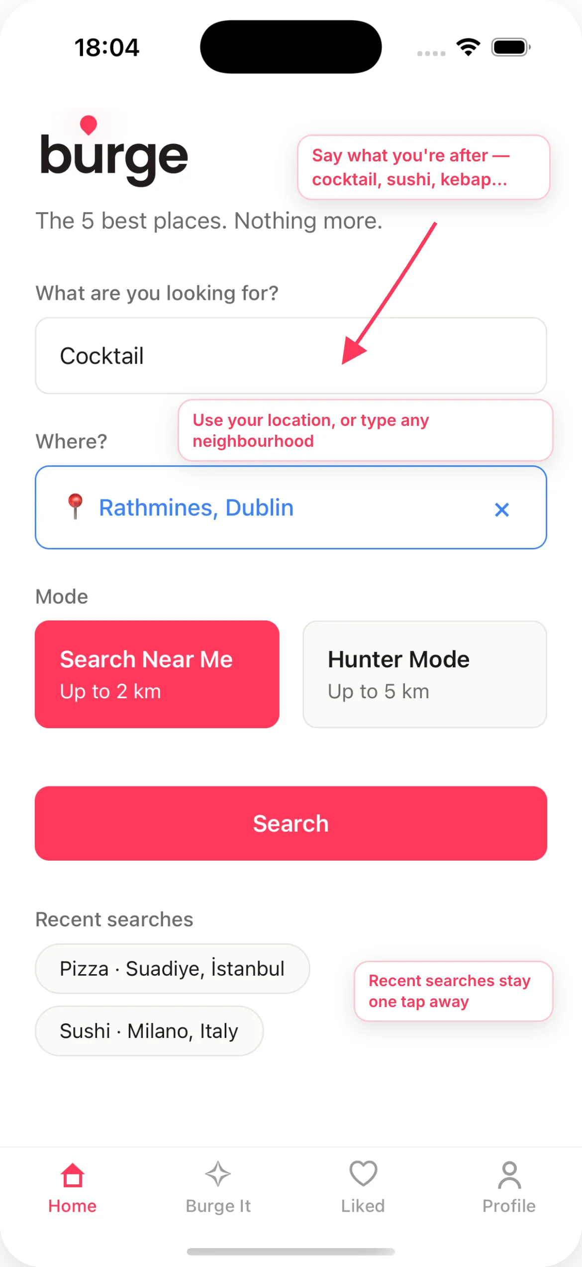 Burge home screen: search for “Cocktail” in Rathmines, Dublin, with Near Me and Hunter modes.